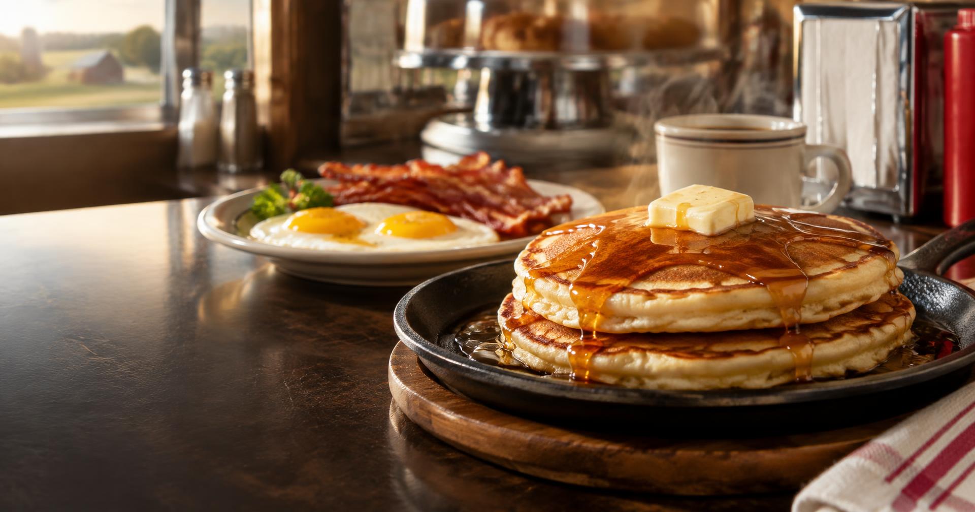 Pancakes, eggs and bacon on a diner counter